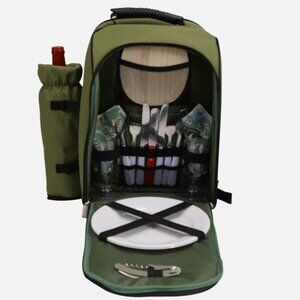 Primeware Alpine Picnic Backpack Set for 2 Olive Insulated Wine Tote NEW